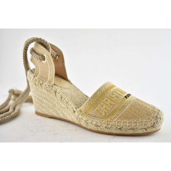Christian Dior Granville 62K Gold Logo Lace Up Tie Espadrille Mule Heel Wedge 40 - Picture 3 of 11